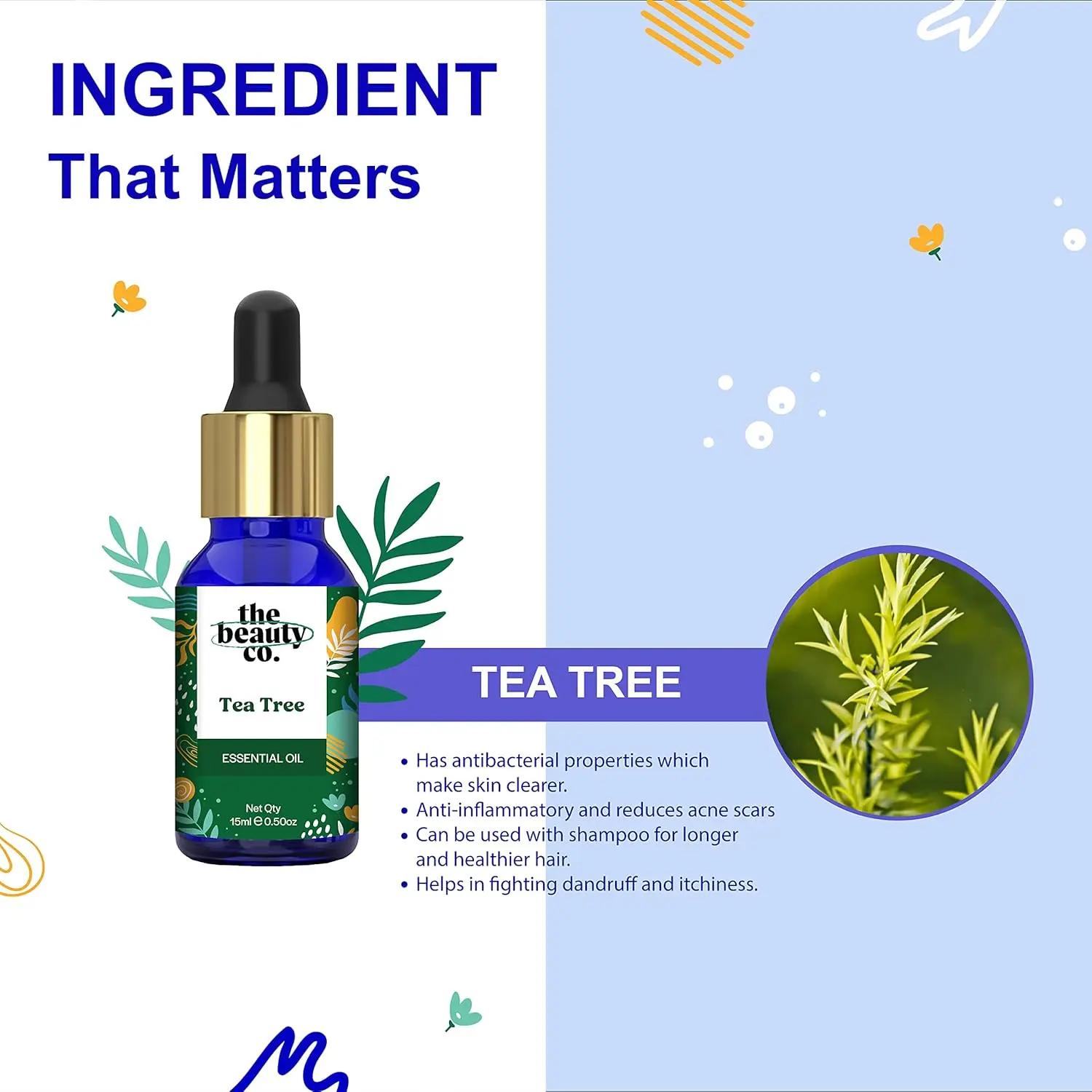 The Beauty Co Tea Tree Oil for Acne and Blemish Free Skin 15 ml | Organic & Pure| Natural | Reduces Dark Spots | For Healthy Skin | Face & Hair | Dandruff Control | All Seasons | Women-Girls