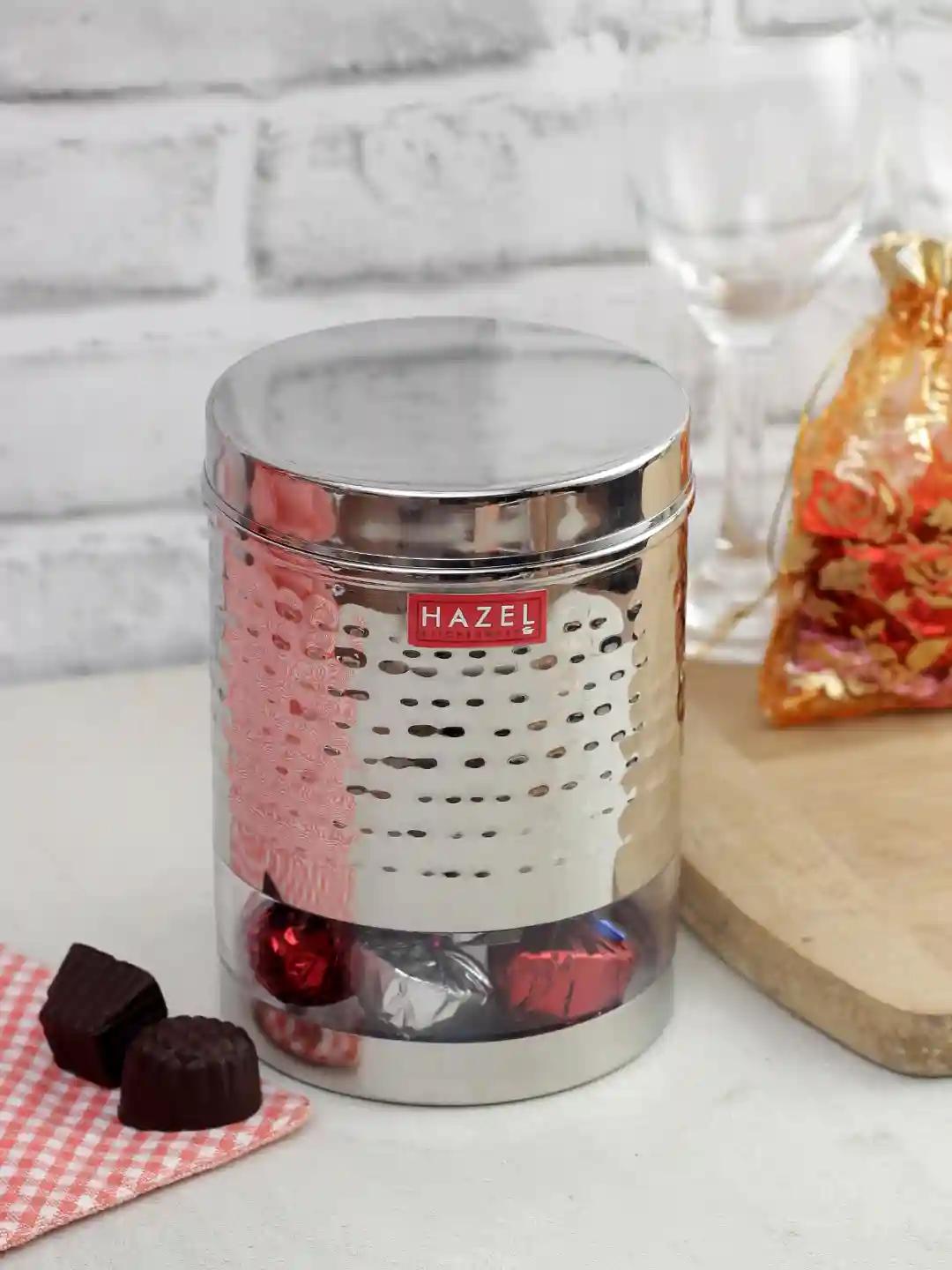 HAZEL Stainless Steel Hammered Finish Transparent Glossy See Through Container, 1350 ML, Silver