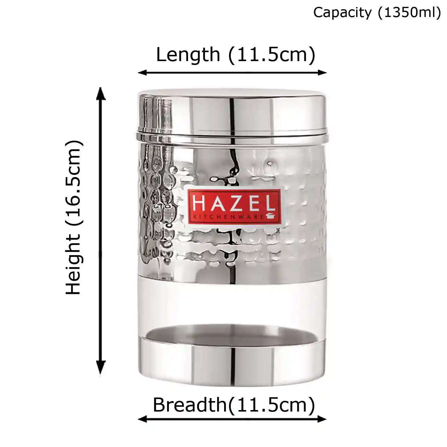 HAZEL Stainless Steel Hammered Finish Transparent Glossy See Through Container, 1350 ML, Silver