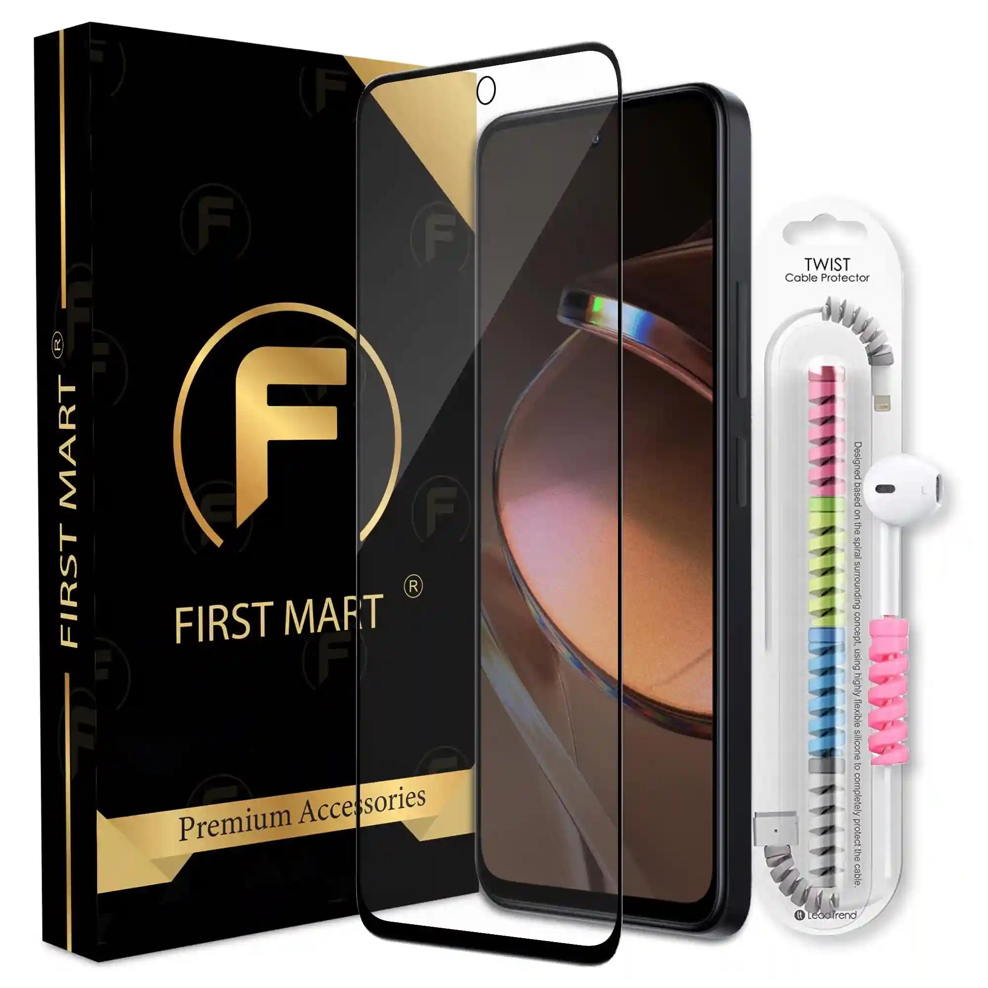 FIRST MART Premium Tempered Glass for Redmi 12 5G / Redmi 12 4G / Poco M6 Pro 5G with Edge to Edge Coverage and Cable Protector and Easy Installation Kit, Pack of 1