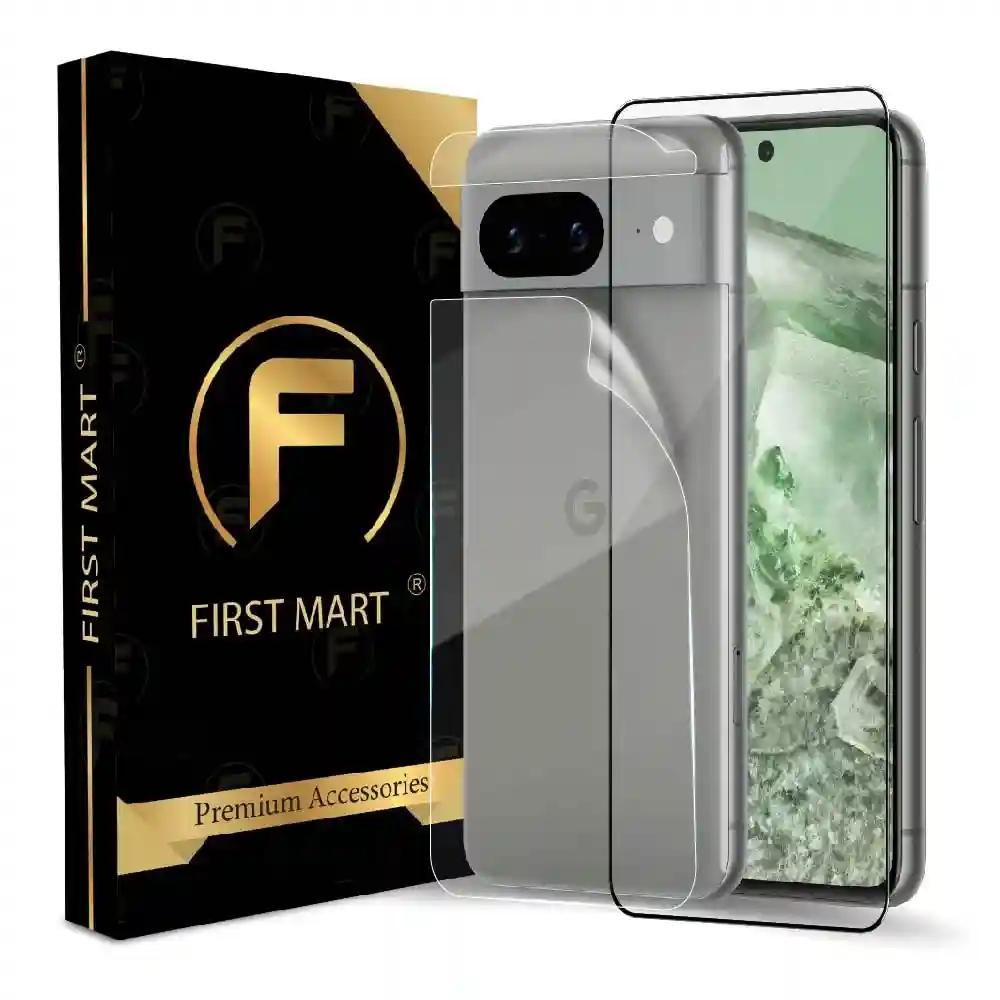 FIRST MART Tempered Glass and Clear Back Membrane for Google Pixel 8 5G with Edge to Edge Screen Coverage and Easy Installation Kit