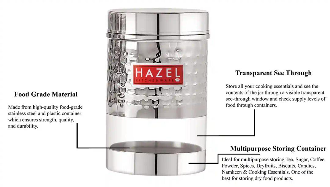 HAZEL Stainless Steel Hammered Finish Transparent Glossy See Through Container, 1350 ML, Silver