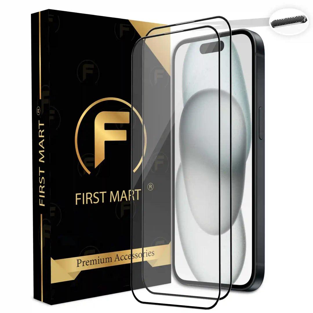 FIRST MART Premium Tempered Glass for iPhone 15 Edge to Edge Screen Coverage and Speaker Mesh Dust Filter, Easy Installation Kit, Pack of 2, Black