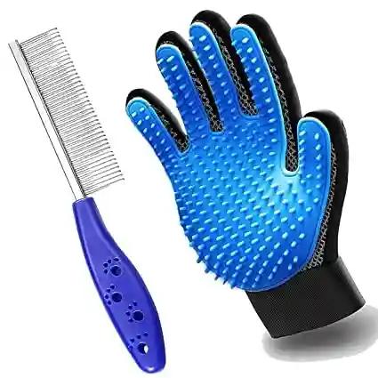 PSK PET MART Grooming Hand Glove + Dog Grooming Combo Set Single Side Steel Comb Grooming Kit for Long and Short Hair Pets Dogs Comb (Color May Vary)