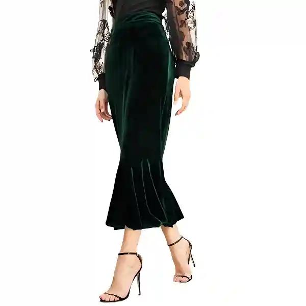 Handmade Emerald Green Velvet Fishtail Midi Skirt - Elegant Evening Party Wear-XL