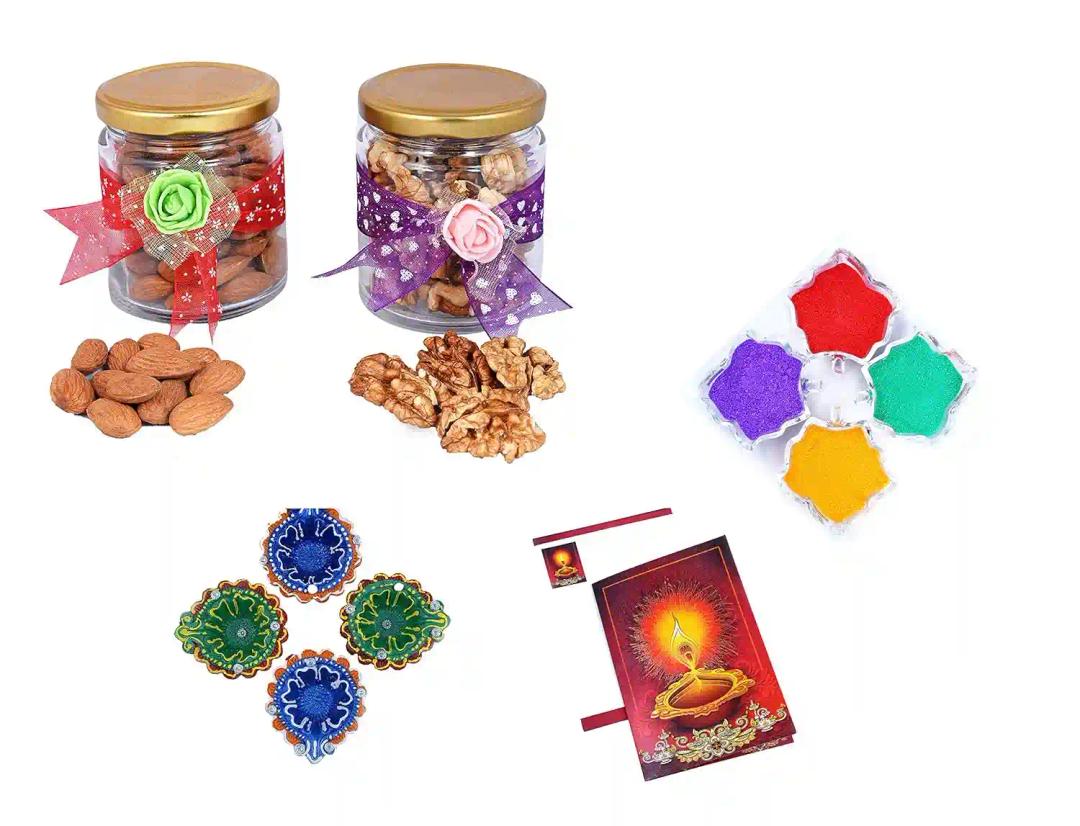 MANTOUSS Diwali Dry Fruit Decorative Glass Jar-Almond and Walnut(100gms Each),200 GMS + 2 earthern Diya, Diwali Greeting Card and Rangoli Colours