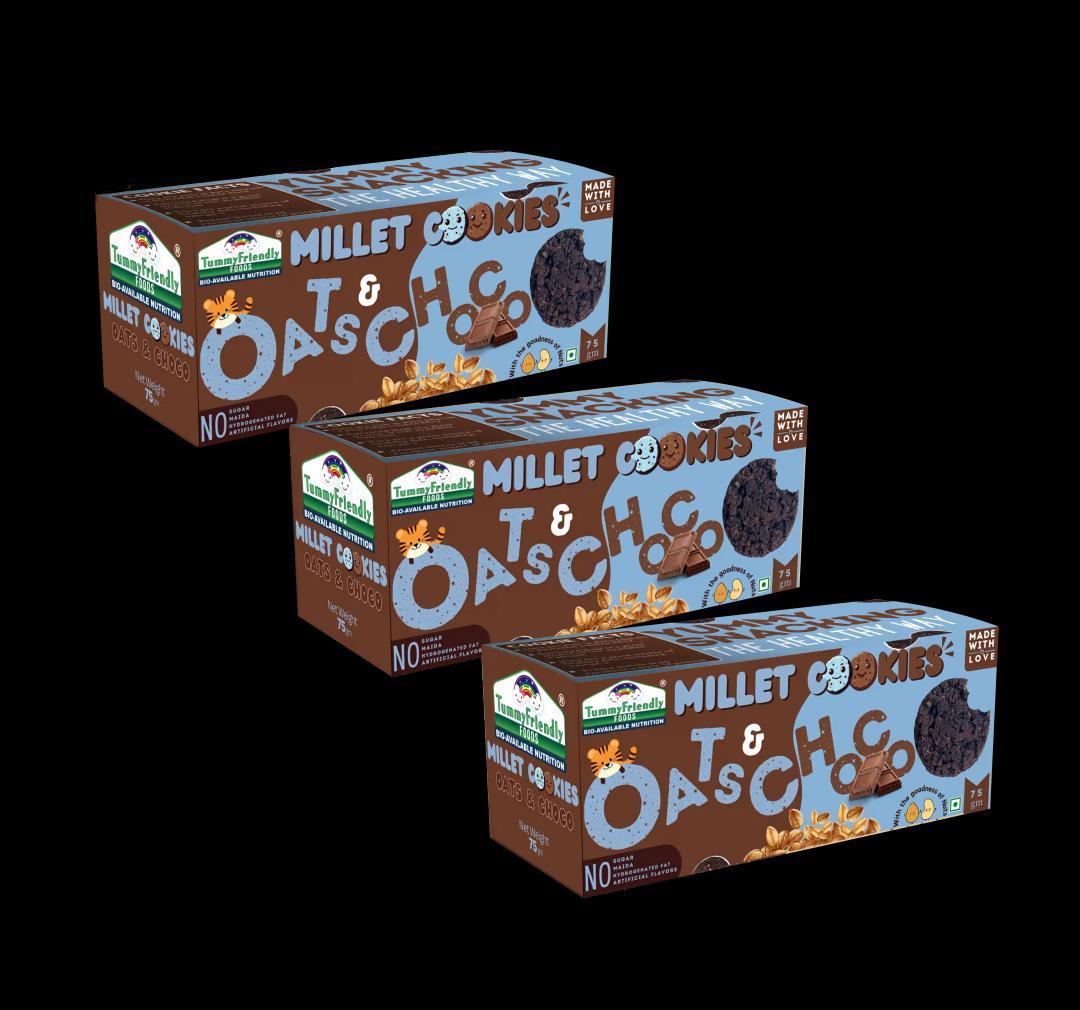 Tummy Friendly Foods Millet Cookies - Oat Choco - Pack Of 3 - 75G Each. Healthy Ragi Biscuits, Snacks For Baby, Kids & Adults