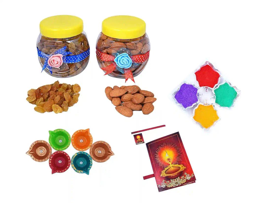 MANTOUSS Diwali Dry Fruit Decorated Jar-Almond and Raisin(100gms Each),200 GMS + 2 Cute diyas, Rangoli Colours and Diwali Greeting