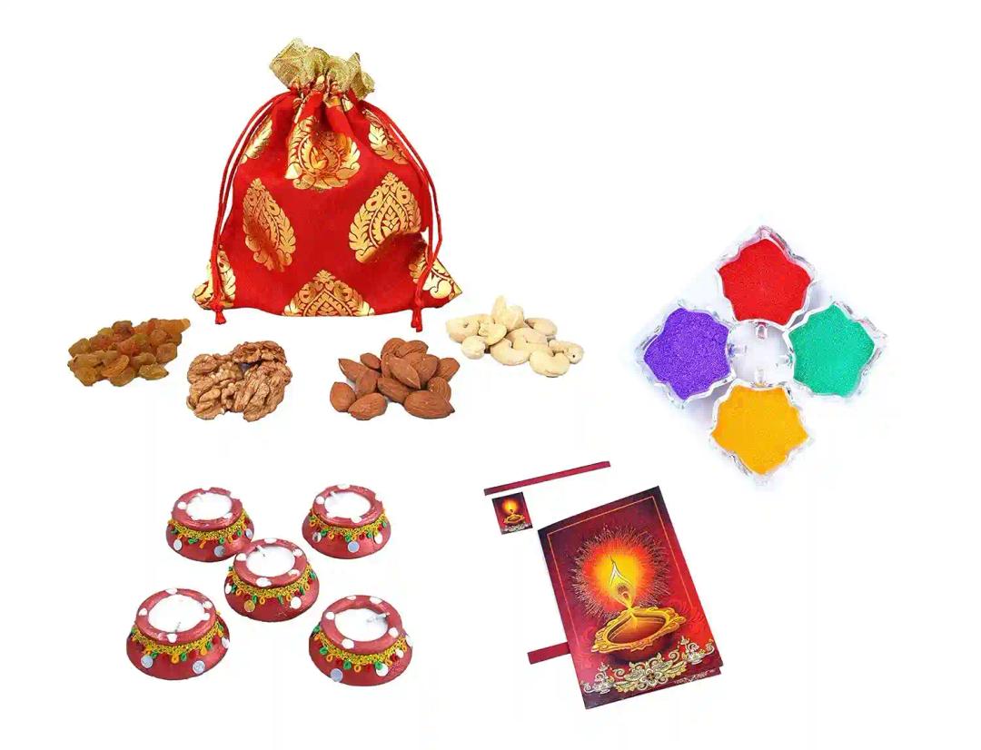 MANTOUSS Diwali Dry Fruit Red Exclusive Potli-Cashew,Almond,Walnut and Raisin (50gms Each) 200gms +2 Matki Wax Filled Diya, Diwali Greeting Card and Rangoli Colours