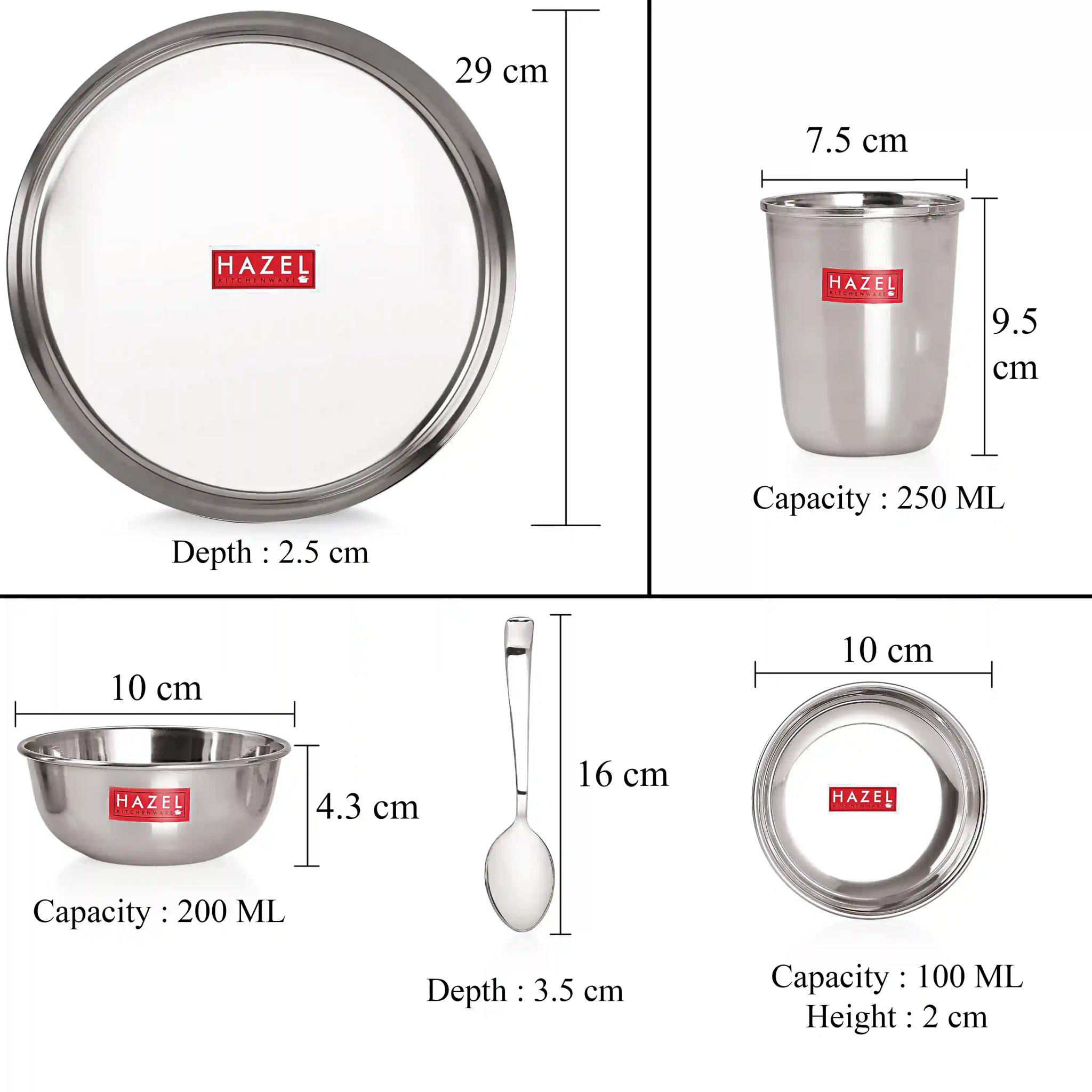 HAZEL Stainless Steel Dinner Set of 36 | Dinner Set Steel (6 Steel Plate, 6 Steel Glass, 12 Bowl, 6 Spoon Set, 6 Dessert Plate) 36 Pieces, Silver