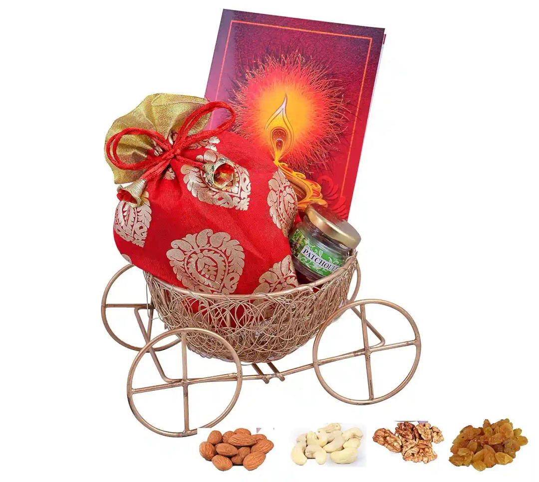 MANTOUSS Diwali Dry Fruits Combo/Diwali Special Dry Fruits Gift Pack-Thela Trolly Platter+Cashew,Almond,Walnut and Raisin (100gms Each) 400gms+Scented Candle in Glass jar+Deepawali Greeting Card