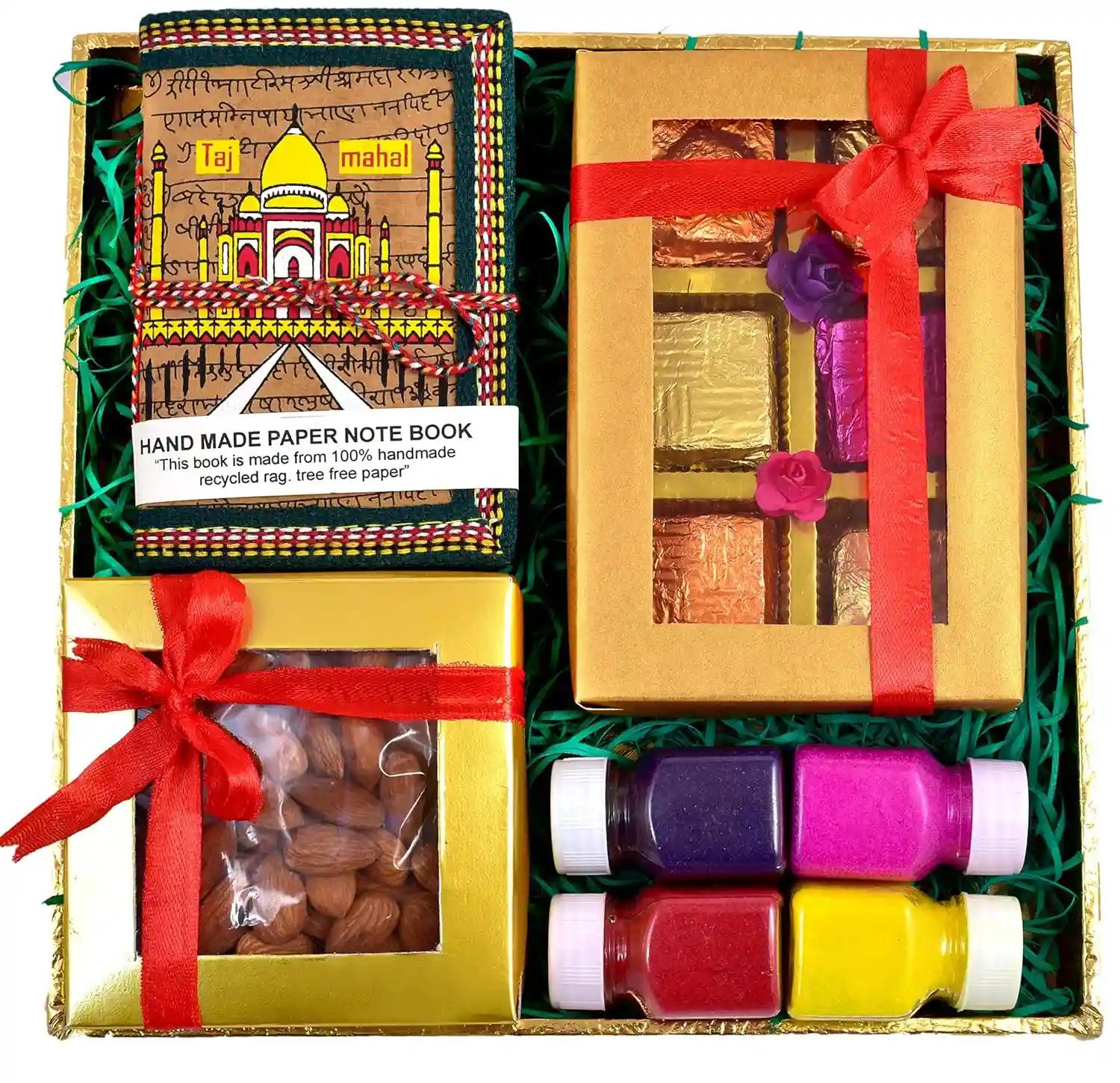 Diwali dry fruits gift box/diwali gift fry fruit/diwali dry fruit gift pack/diwali gifts-decorated tray+box of almonds+Handcrafted chocolate box+Handmade diary+4 Rangoli Colours+Diwali greeting Card