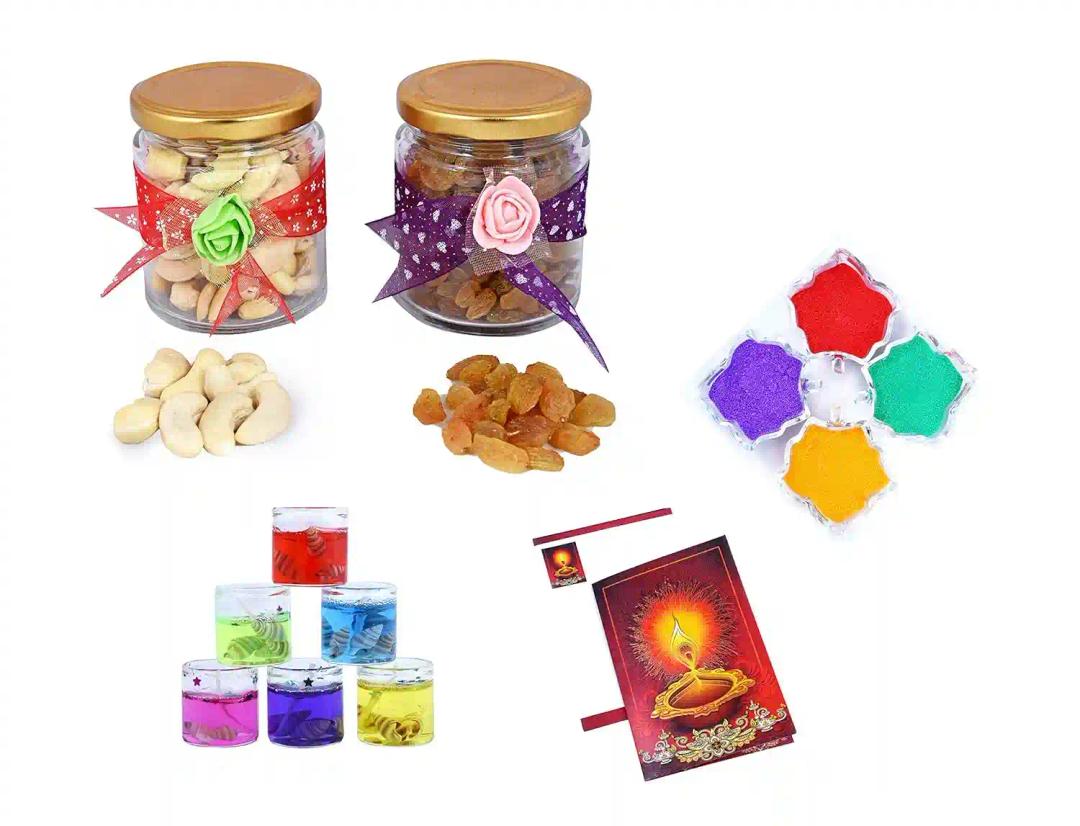 MANTOUSS Diwali Dry Fruit Decorative Glass Jar-Cashew and Raisins(100gms Each),200 GMS + 2 Gel Filled Glass Candle, Diwali Greeting Card and Rangoli Colours