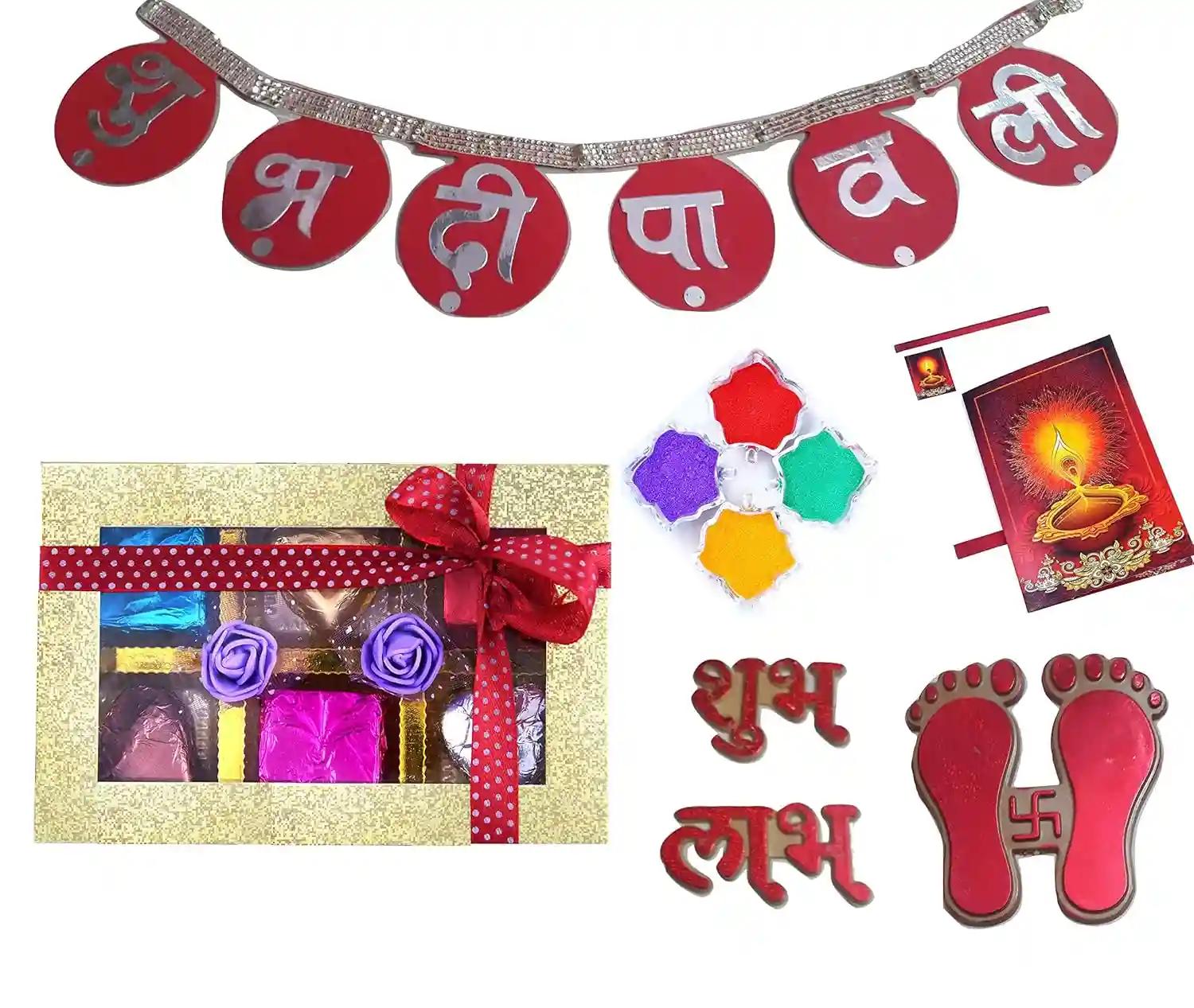 MANTOUSS Diwali gift item/Diwali gift for employees/Diwali gift for family and friends/Diwali chocolate pack-Box of handcrafted chocolate+shubh deepawali toran+paduka+shubh labh+rangoli colour+greeting card