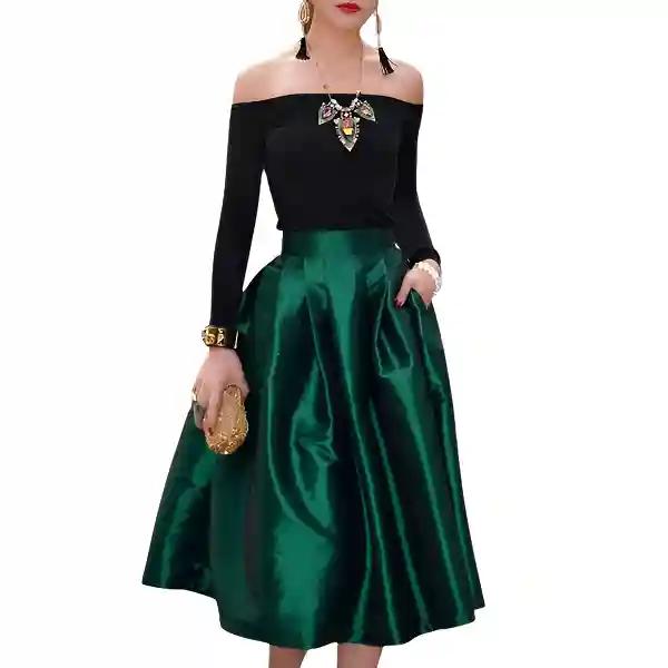 Womens Emerald Green Knee-Length Silk Taffeta Skirt Elegant Evening, Cocktails & New Year-XL