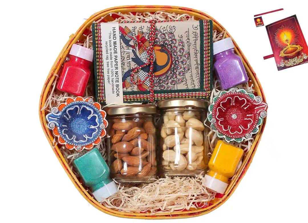 MANTOUSS Diwali Gift Hampers With Dry Fruits/Dry Fruits Combo Pack/Dry Fruits Gift Pack-Decorated Basket+2 Jars Of Dry Fruits(Almond & Cashew)+Handmade Diary+2 Designer Diya+4 Rangoli Colours