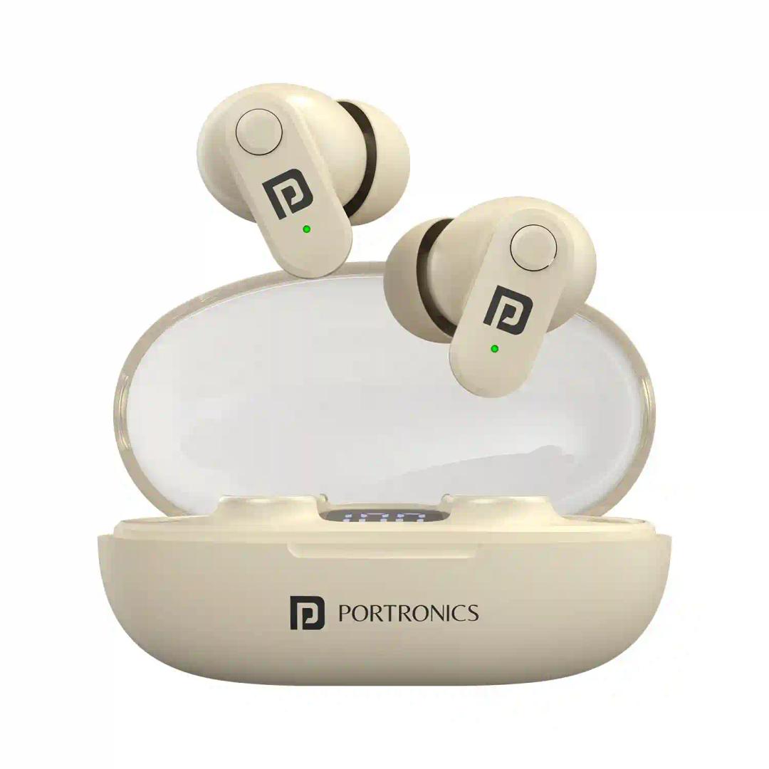 Portronics Harmonics Twins S16 In Ear Wireless TWS Earbuds with 24 Hrs Playtime, Clear Calls, Game & Music Mode, Low Latency, Bluetooth 5.3v, LED Display, Type C Fast Charging(Beige)