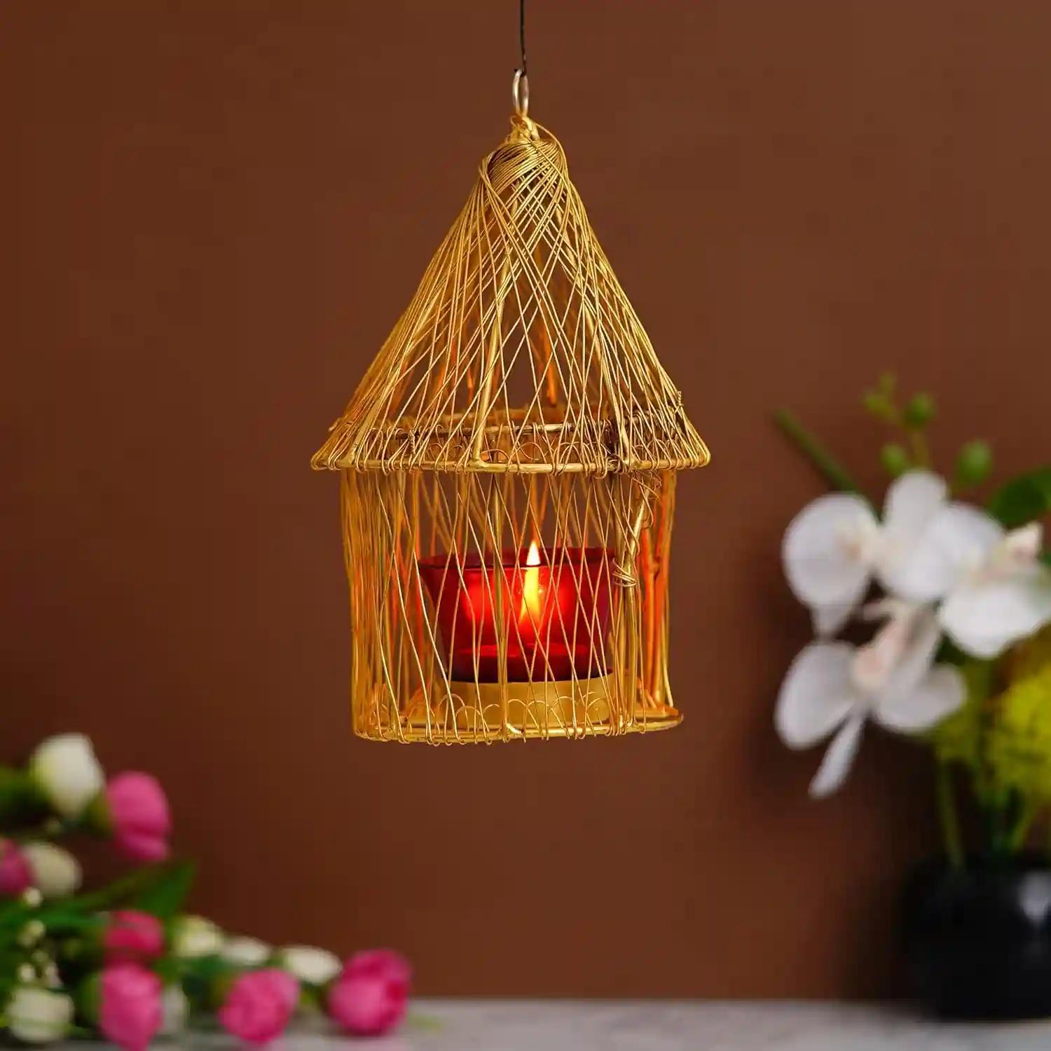 WEBELKART Premium Square Bird Nest hanging tealight Candle Holder With Chain for Home and Office Decor| Birds Cage tealight Holder| Diwali Decorations Item For Home Decor | Diwali Candle Holder (8 Inches, Gold)