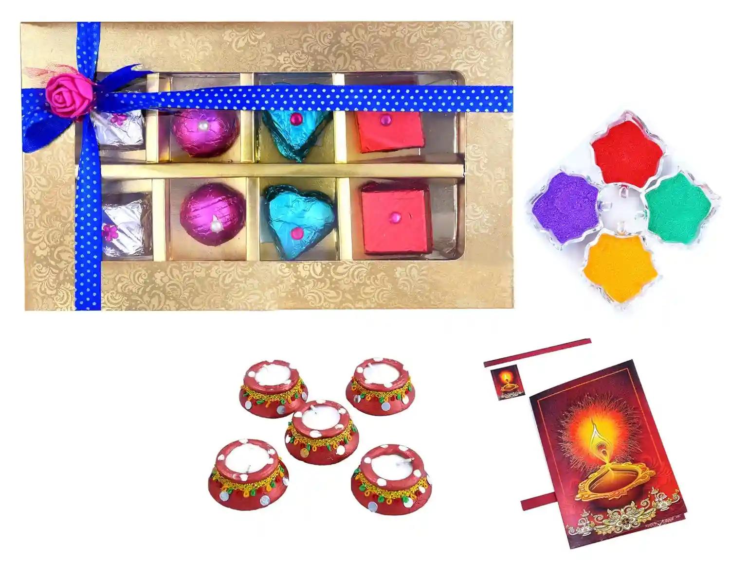 MANTOUSS Happy Diwali Chocolate Gift (Golden Decorative Box) + 2 Matki Wax Filled Diya, Diwali Greeting Card and Rangoli Colours