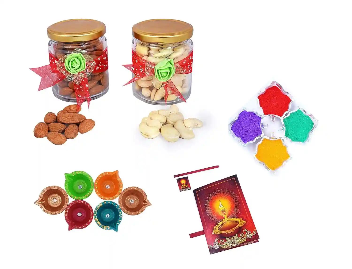 MANTOUSS Diwali Dry Fruit Decorative Glass Jar-Almond and Cashew(100gms Each),200 GMS + 2 Cute diyas, Rangoli Colours and Diwali Greeting