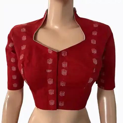 Jacquard Handloom High neck Blouse with Lining - Red S