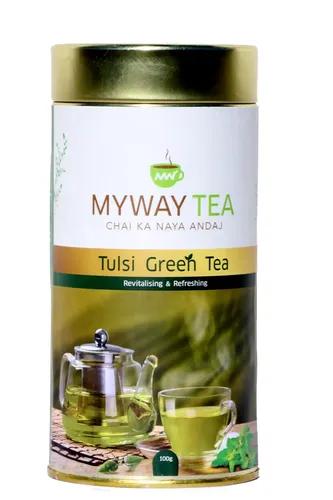 MYWAY TEA Tulsi Green Tea, Detox Green Tea Glowing skin antioxidants refreshes and tastes wonderful, Helps to Body Cleanse, Boost Immunity Promote Healthy & Glowing Skin, Zero Calories (100gm)