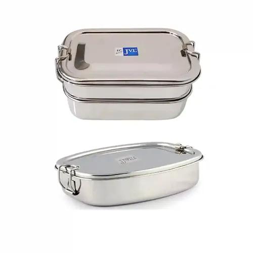 Jvl Stainless Steel Rectangular Shape Double Layer Lunch Box With Inner Plate & Small Deluxe Single Layer Lunch Box With Inner Plate - Set Of 2