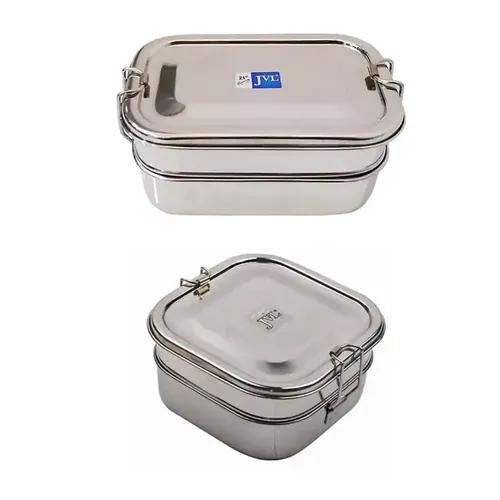 Jvl Stainless Steel Rectangular & Square Shape Double Layer Lunch Box With Inner Plate - Set Of 2