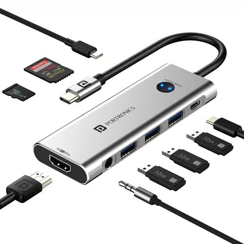 Portronics Mport One USB C Hub (9-in-1) with 4K 60Hz HDMI, 3-Port USB, HDMI On-Off Button, 100W Type-C Charging, Card Reader, 3.5mm AUX, Type C Plug for Laptop, Mac, PC (Grey)