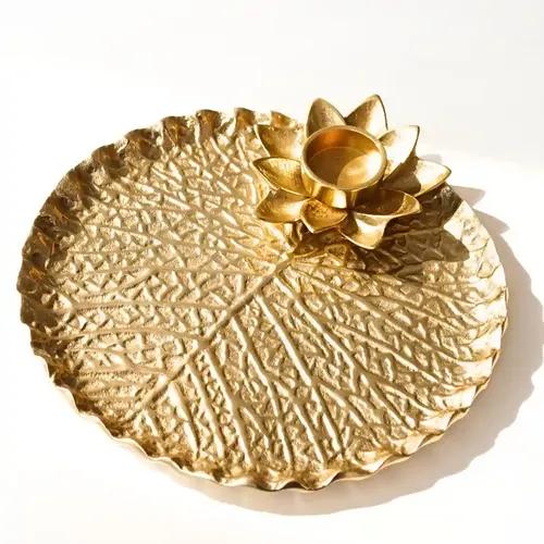 Behoma Aluminium Lotus Tray with tea-light holder for Home Decor || Aluminium Round Tray for Living Room Dining Office Center Table Decoration, Festival || Gold, Large 1 PC Dia: 25.5Cm.