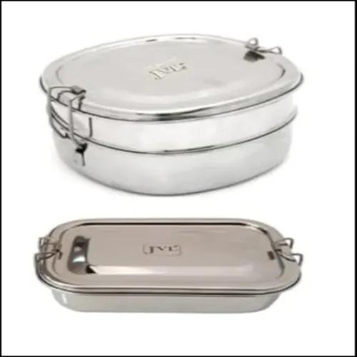 Jvl Stainless Steel Rectangular & Chakra Shape Single & Double Layer Not Leak Proof Lunch Box With Inner Plate - Set Of 2