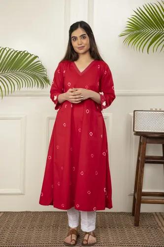 Red Bandhani Tie And Dye Cotton A-Line Kurta - X-Small