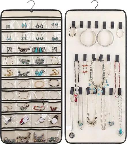 FAB ELLITE Hanging Jewelry Organizer,Double Sided Jewelry Storage with Hanger,24 Clear PVC Pockets and 15 hook loops for Holding Necklaces, Bracelets, Rings, Earrings (JEWELLARY)