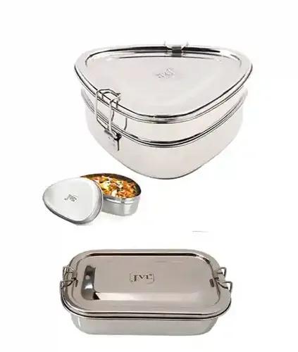 Jvl Stainless Steel Rectangular Single Layer Lunch Box With Inner Plate & Big Triangle Double Layer Lunch Box With Small Container Not Leak Proof - Pack Of 2