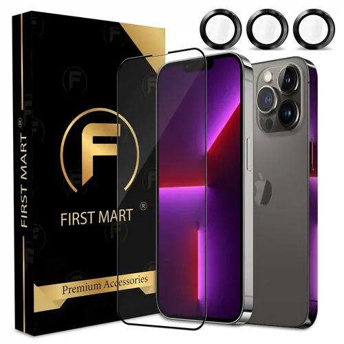 FIRST MART for iPhone 13 Pro Tempered Glass and 1 Set of Individual Black Camera Rings Protectors, 2.5D Curved Edges, Full-Coverage Military-Grade Protection, Scratch Resistant | Black Rings