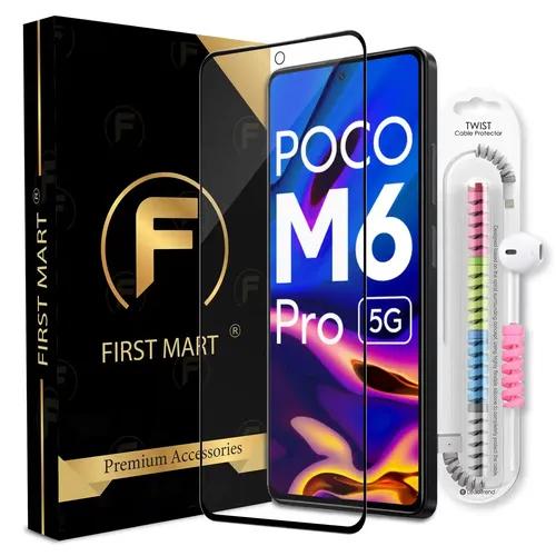 FIRST MART Premium Tempered Glass for Poco M6 Pro 5G / Redmi 12 / Redmi 12 5G with Edge to Edge Coverage and Cable Protector and Easy Installation Kit, Pack of 1