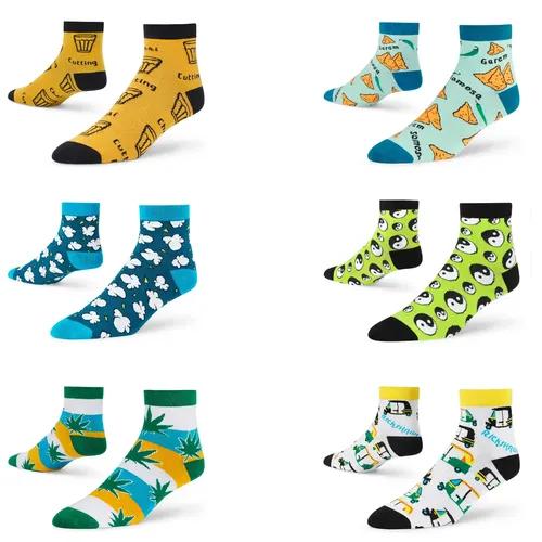 DYNAMOCKS Men's and Women's Combed Cotton Ankle Length Socks (Pack of 6) (Multicolour, Free Size)_Chai_Samosa_PopCorn_Yin_HapLeaf_Rickshaw