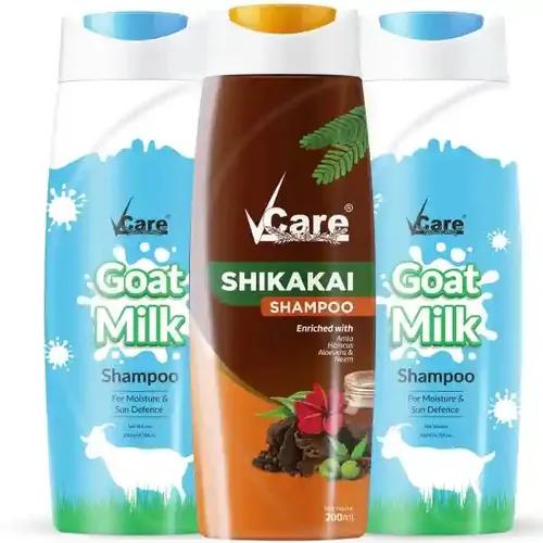 VCare Goat Milk Shampoo Buy 1 Get 1 Free 200ml with shikakai Shampoo with Goodness of Aloe Vera & Neem, Amla, Hibiscus, shikakai Shampoo 200ml,| Suitable For All Hair Types| Combo Pack