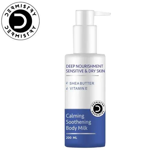 Dermistry Calming Soothing Body Milk Lotion Sensitive & Dry Skin Deep Nourishment Moisturizer Shea Butter, Vitamin E Non-Greasy, Repairs Smoothens Men Women 200 Ml