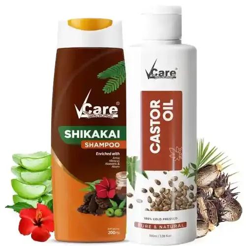 Vcare Cold Pressed Castor Oil and shikakai Shampoo with Goodness of Amla, Hibiscus, Aloe Vera and Pure Castor for Hair Growth Combo