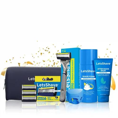 LetsShave Pro 6 Advance Gift Set For Men Metal Handle, Pro 6 Advance Blade Refills (4 Pcs), After Shave Balm 100 Ml, Shave Foam -200G, Travel Pouch With Free Travel Cap | Complete Shaving Kit For Men