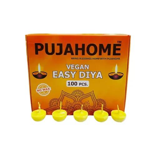 Pujahome Cotton Wicks with Ghee Wax Free Vegan Diya Batti for Daily Puja Readymade Ghee Diya Batti Easy to Use Long Lasting (100 Pieces Per Pack, Pack of 1,Yellow)