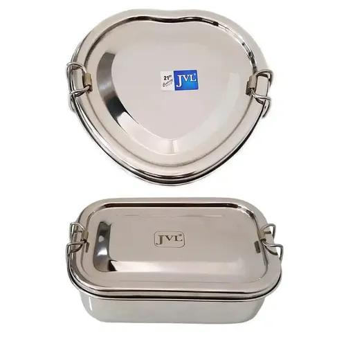 Jvl Stainless Steel Rectangular Not Leak Proof Lunch Box With Inner Plate & Small Heart Shape Single Layer Lunch Box With Inner Plate - Set Of 2