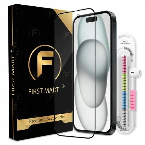 FIRST MART Premium Tempered Glass for iPhone 15 with Edge to Edge Coverage and Cable Protector and Easy Installation Kit, Pack of 1