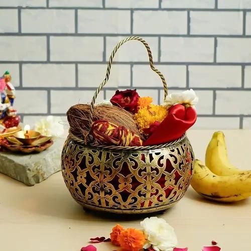 Dartistry Puja Basket/Flower Basket/Fruit basket/Hamper Basket -Home Decor Items - Home Decoration- Gifts (Small)