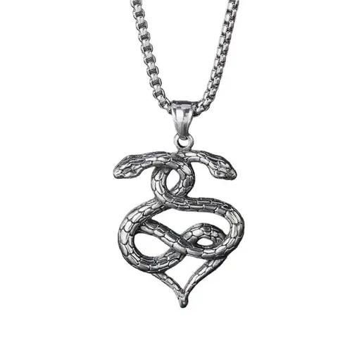 Double Snake Face Heart Pendant with Silver Chain