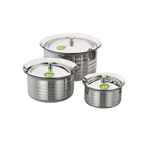 Small Size Stainless Steel Cooking Formal Handi Pot Vessel with Silver Touch Bottom with Lid - Set of 3