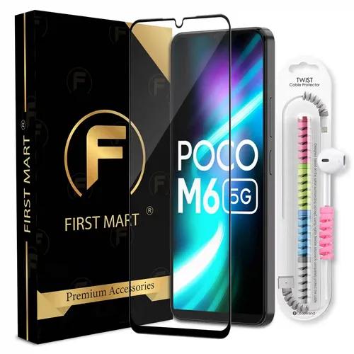 FIRST MART Premium Tempered Glass for Poco M6 5G with Edge to Edge Coverage and Cable Protector and Easy Installation Kit, Pack of 1