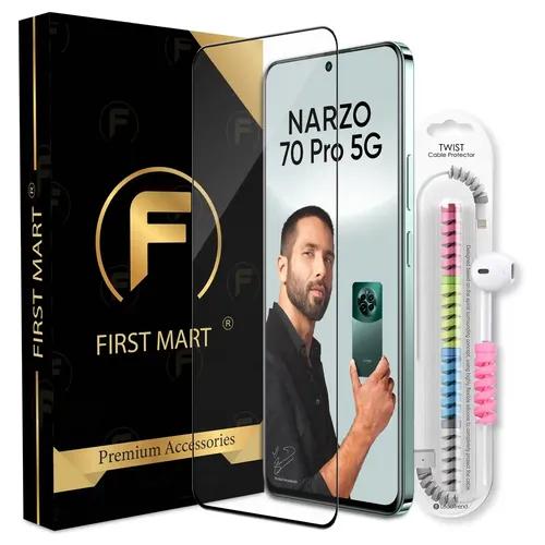 FIRST MART Premium Tempered Glass for Realme Narzo 70 Pro 5G with Edge to Edge Coverage and Cable Protector and Easy Installation Kit, Pack of 1