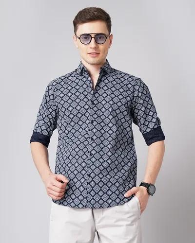 Navy Floral Motif Print Shirt - M (38)